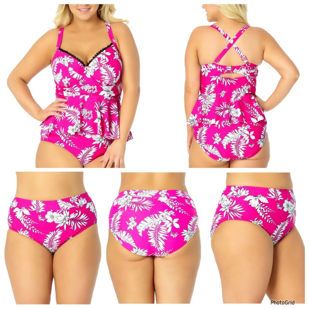 California Waves 0X (12/14) plus size pink floral two piece Tankini swimsuit NWT